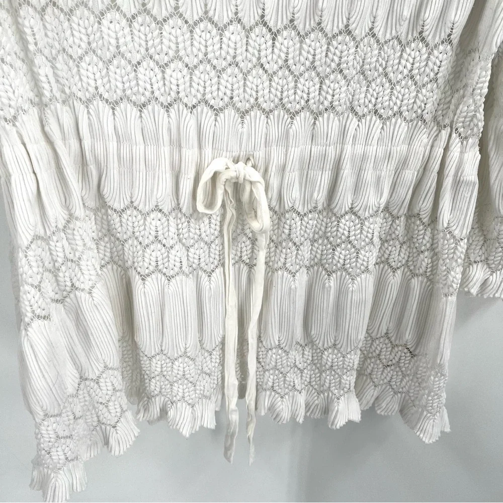 FREE PEOPLE Fire Island Crochet Blouse L Tie Waist Cottage Coquette Boho Top